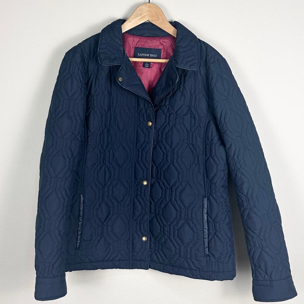 LANDS END Women's Navy Quilted Lightweight Jacket Barn Coat Large EUC